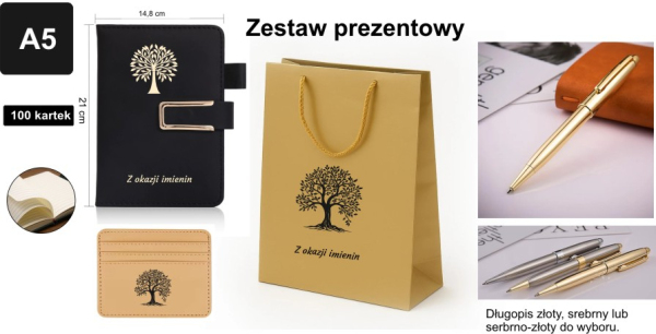 W skład zestawu wchodzi torba laminowana z nadrukiem w kolorze czarnym lub złotym, notes w kolorze czarnym ze złotym nadrukiem, etui na dokumenty otraz metalowy długopis w kolorze złotym